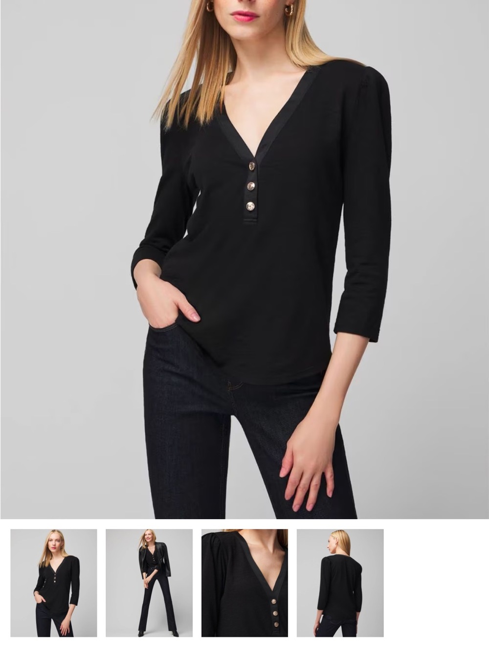 White House Black Market Black V‑Neck Button Henley